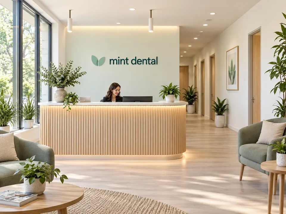 The airy, plant-filled reception at Mint Dental